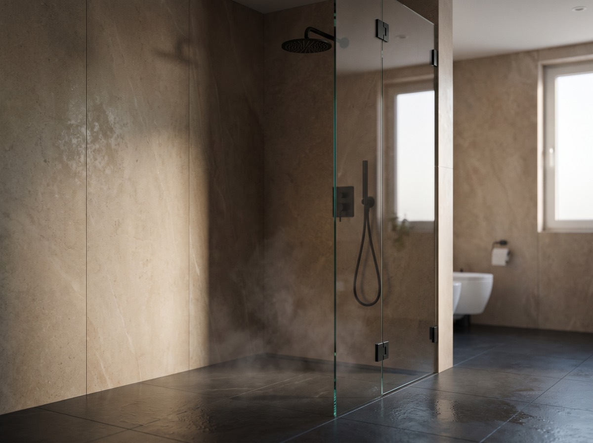 Illustrative: a remodeled walk-in shower with stone-look wall panels
