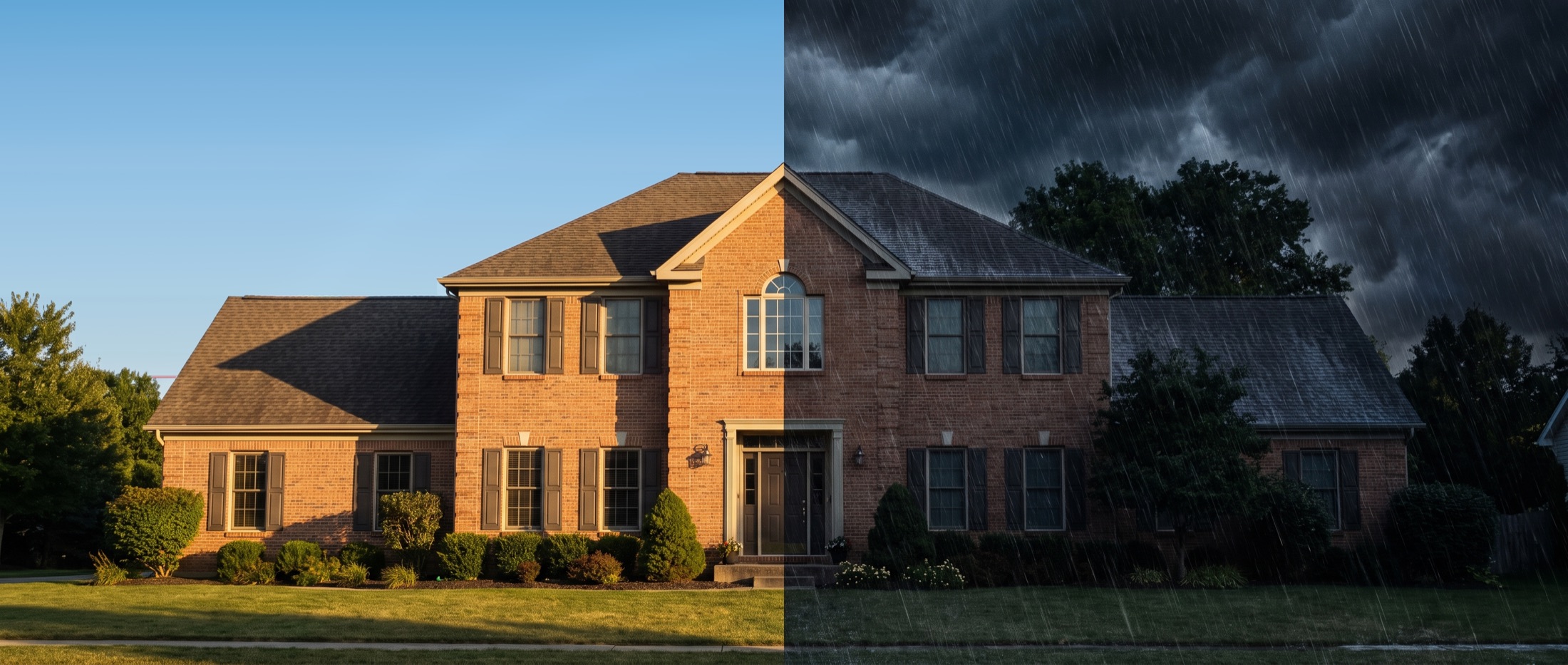 Illustrative: a home split down the middle — clear sunshine on one side, a rainstorm on the other