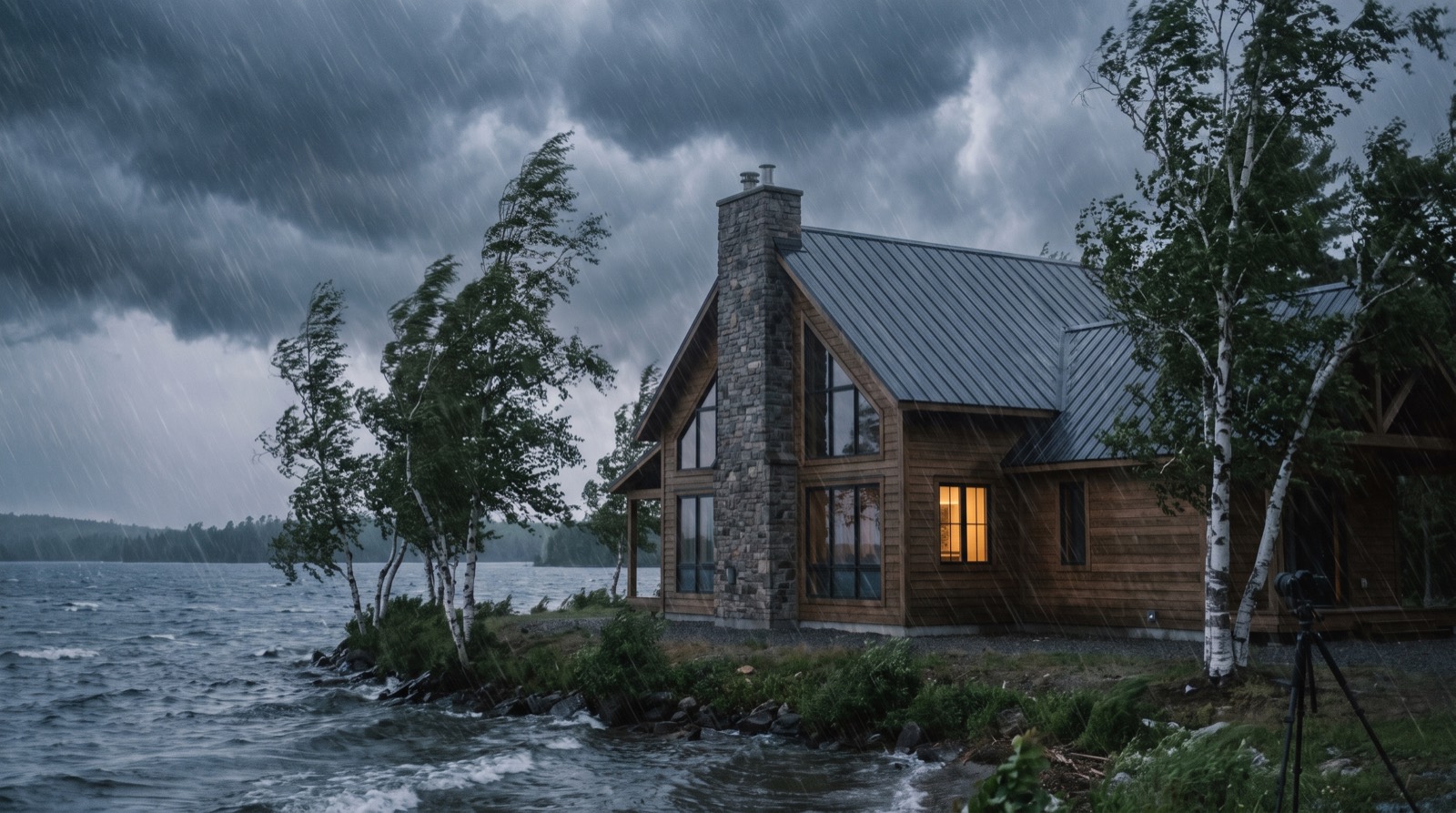 Illustrative: a steel-roofed home standing through a lakeside storm