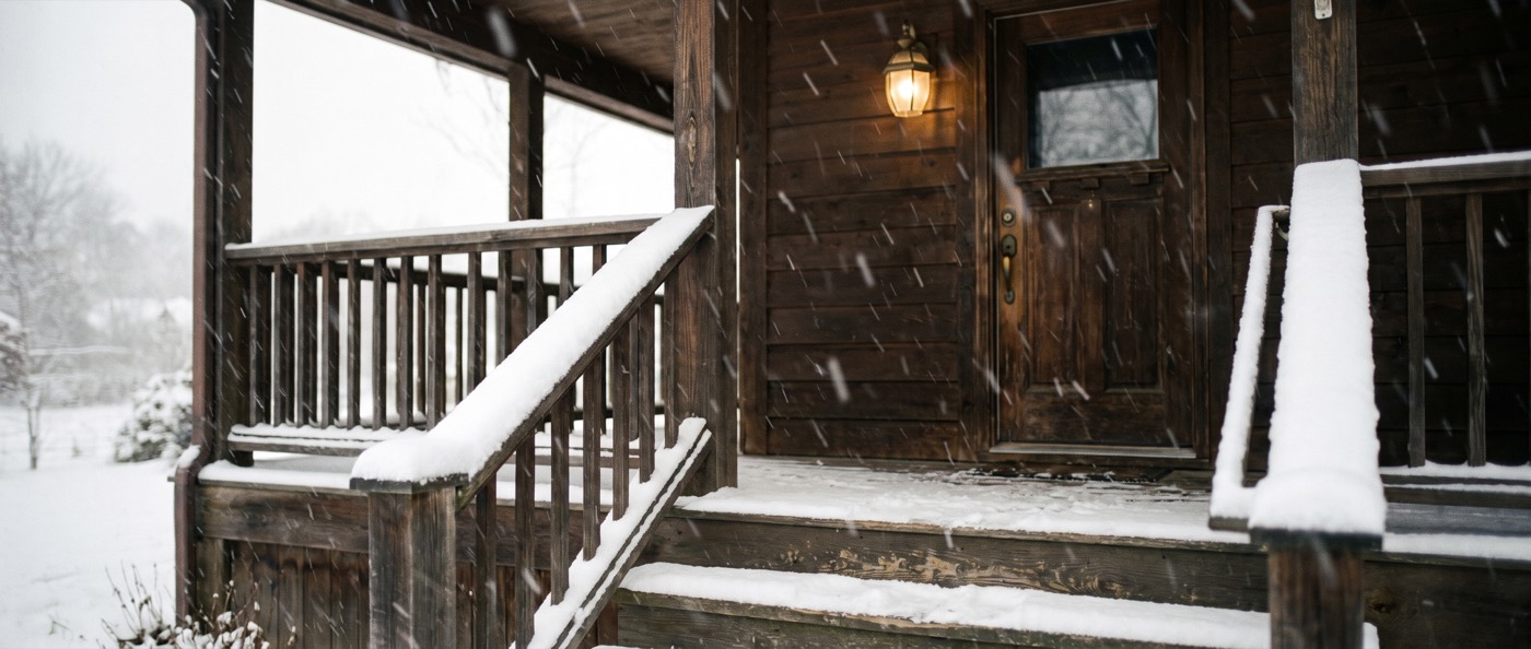 Illustrative: a snowy front porch, warm lantern lit beside the door