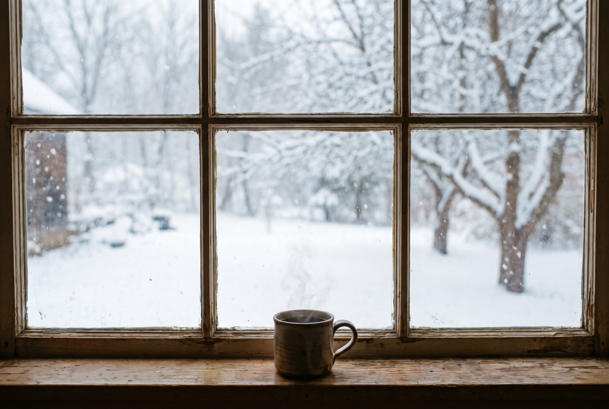 Illustrative: winter through an aging single-pane window — the kind we replace